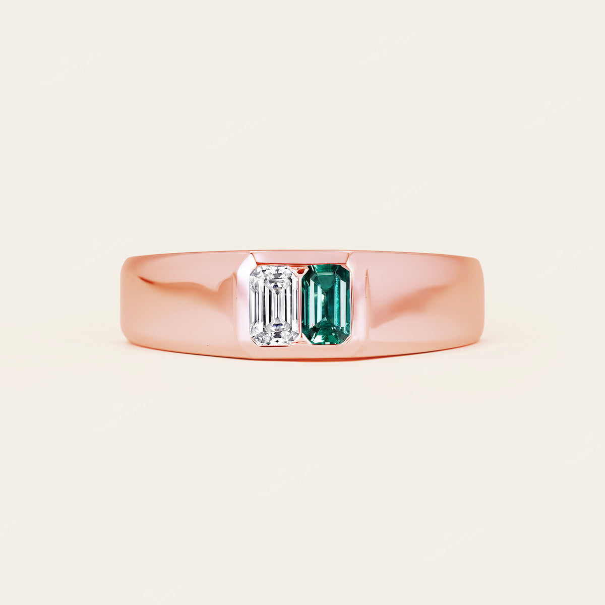 Emerald Cut Lab Diamond & Emerald Toi et Moi Men's Ring