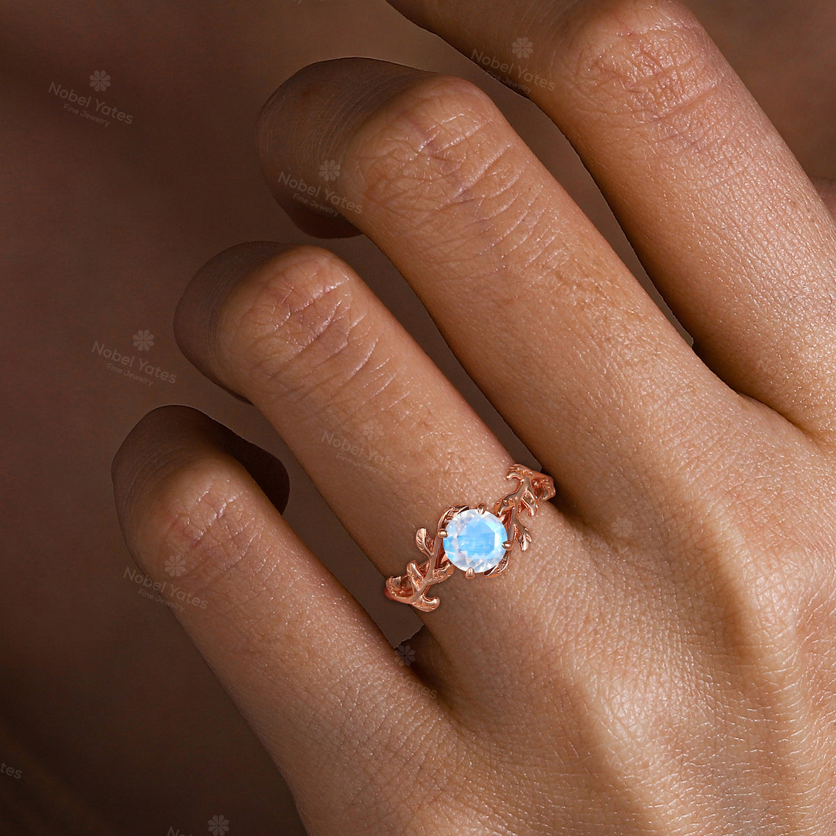 Solitaire Moonstone Nature Inspired Leaf Engagement Ring Rose Gold