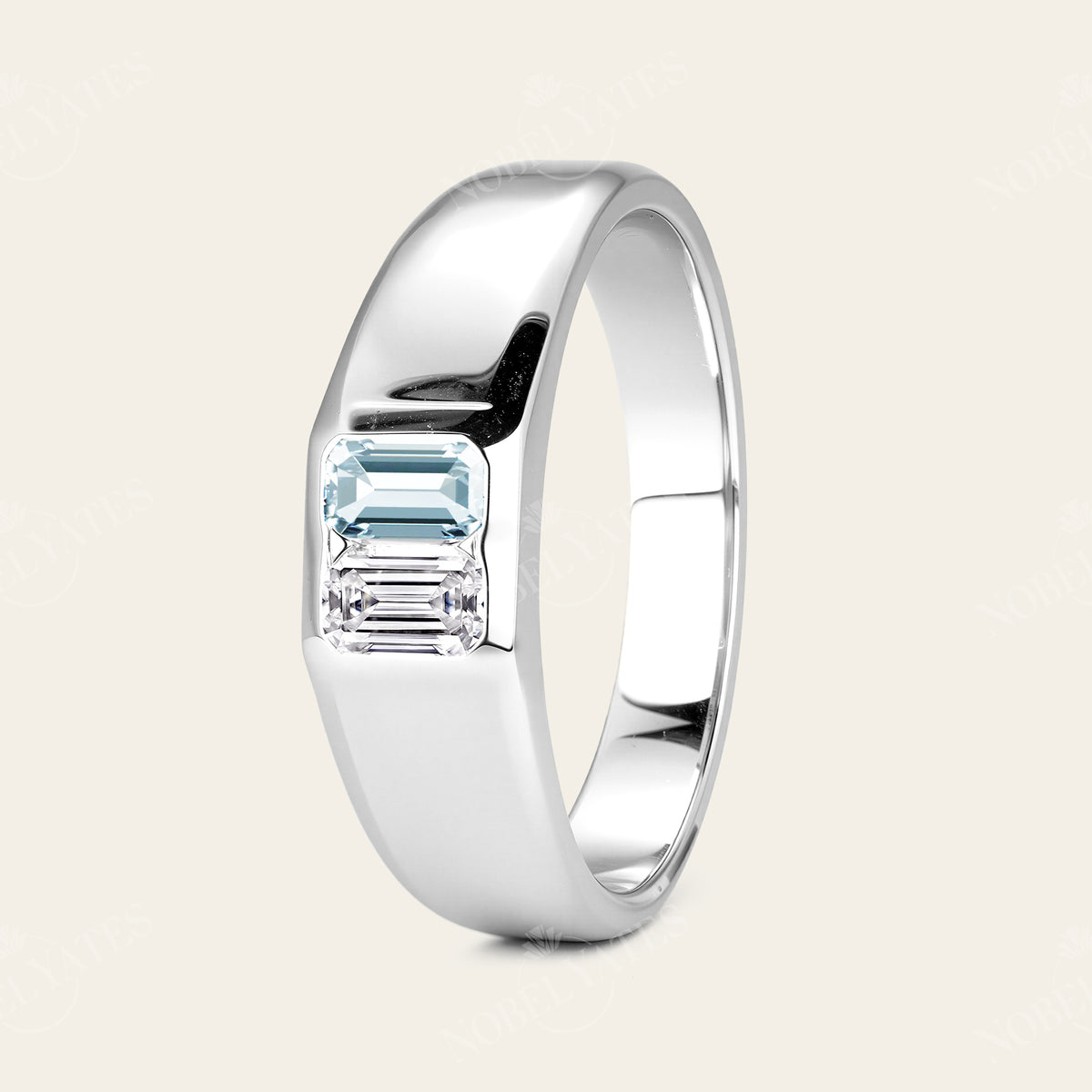 Emerald Cut Lab Diamond & Aquamarine Toi et Moi Men's Ring