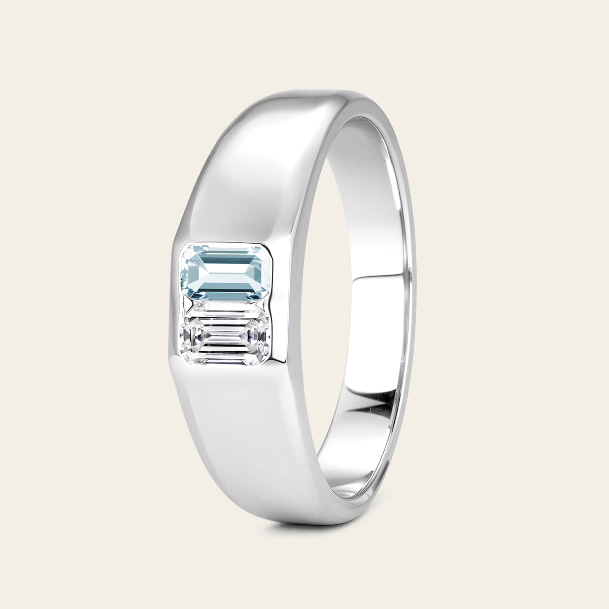 Emerald Cut Lab Diamond & Aquamarine Toi et Moi Men's Ring