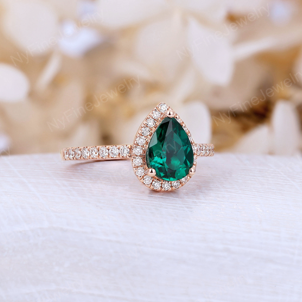 
                  
                    Lab Emerald engagement ring Rose gold vintage Pear shaped Delicate Halo diamond Half eternity Wedding Promise Anniversary
                  
                