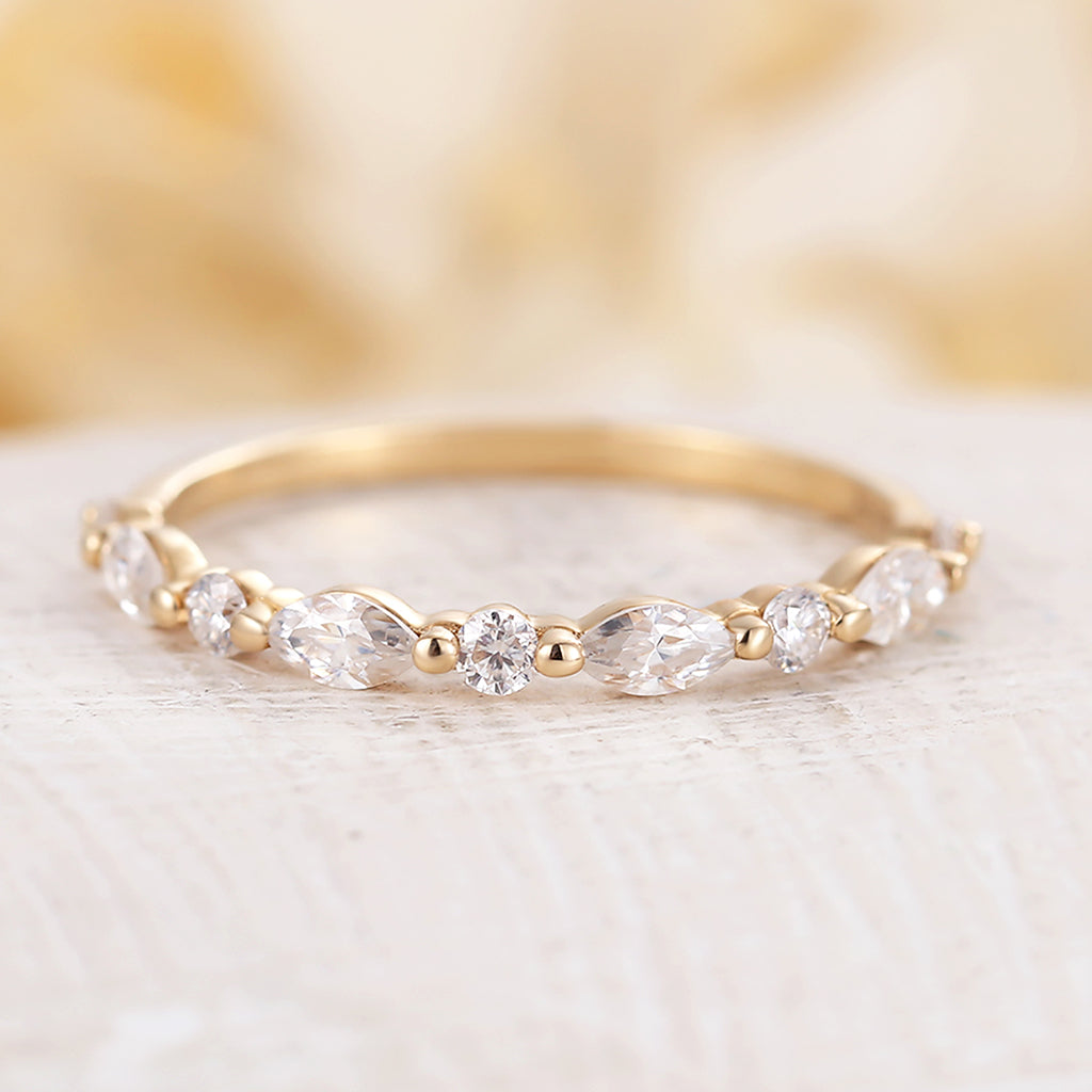 4K/18K Gold Unique Marquise And Round Moissanite Wedding Band