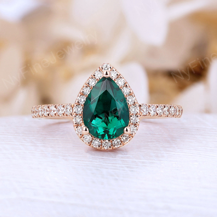 
                  
                    Lab Emerald engagement ring Rose gold vintage Pear shaped Delicate Halo diamond Half eternity Wedding Promise Anniversary
                  
                