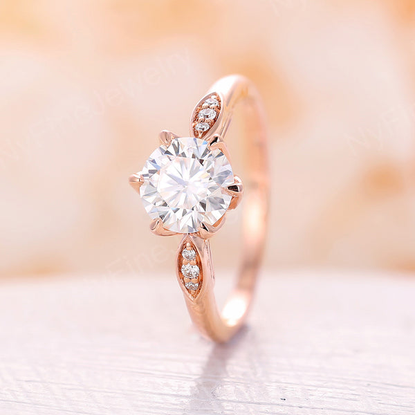 Round Moissanite Rose Gold Floral Engagement Ring