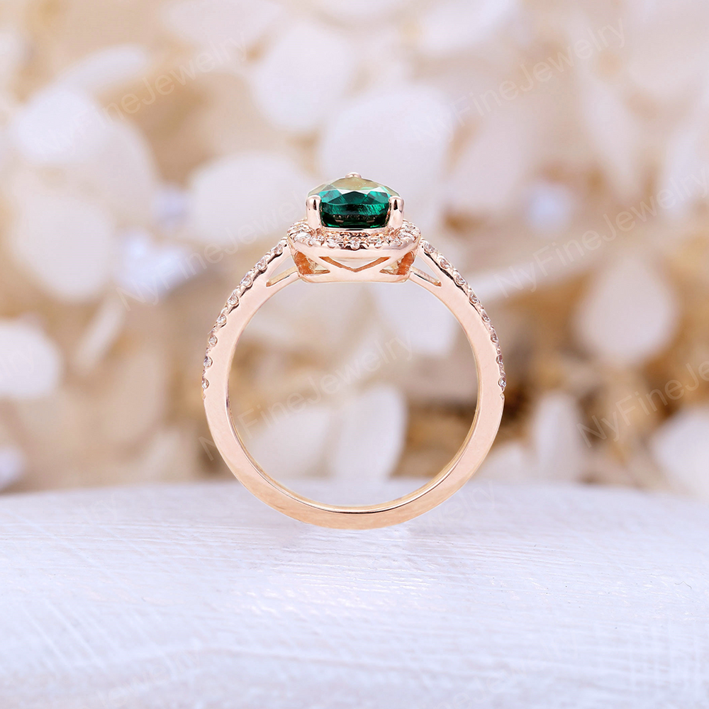 
                  
                    Lab Emerald engagement ring Rose gold vintage Pear shaped Delicate Halo diamond Half eternity Wedding Promise Anniversary
                  
                