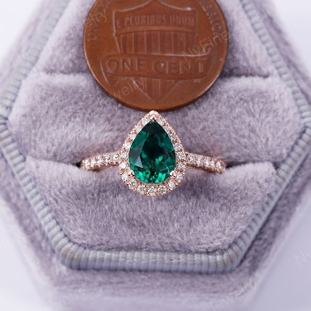 Vintage Pear Emerald Halo Engagement Ring Rose Gold