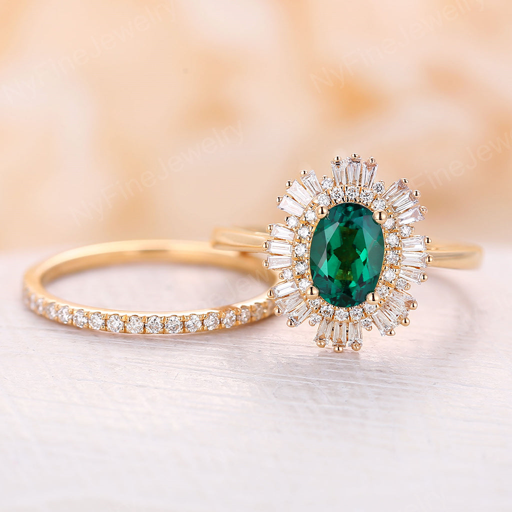 
                  
                    Vintage engagement ring set Oval cut Emerald ring rose gold diamond accent wedding Unique ring Anniversary Promise
                  
                