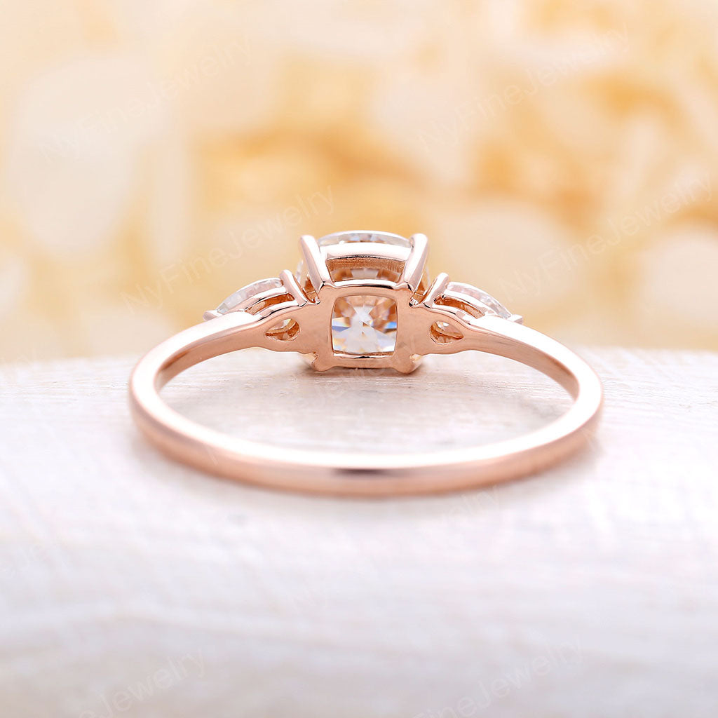 Three Stone Cushion & Pear Moissanite Engagement Ring Rose Gold