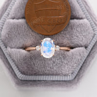 Oval Moonstone Rose Gold Three Stone Engagement Ring