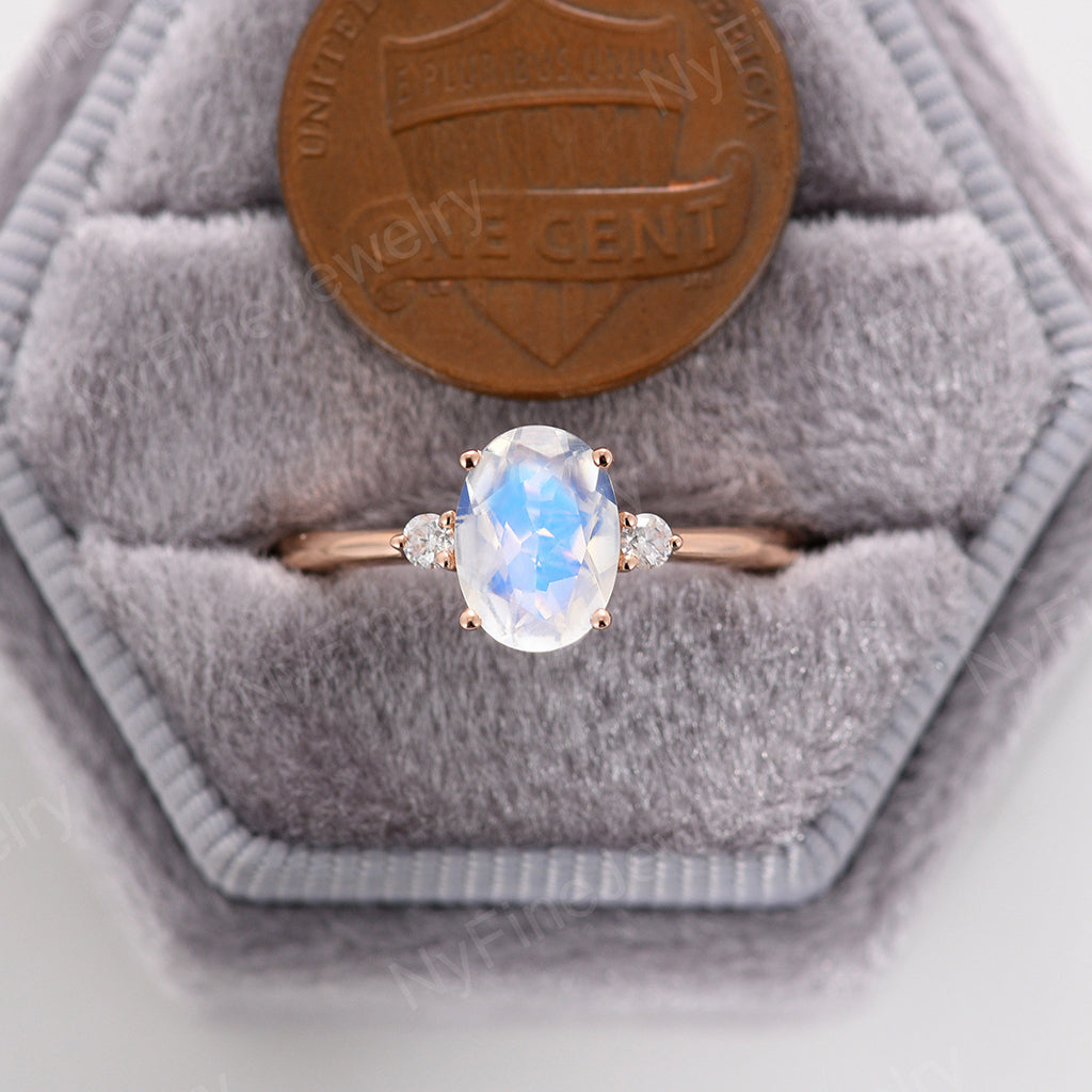 
                  
                    Moonstone Engagement Ring Rose gold Oval cut engagement ring Three stone Diamond wedding Cluster Bridal Promise
                  
                