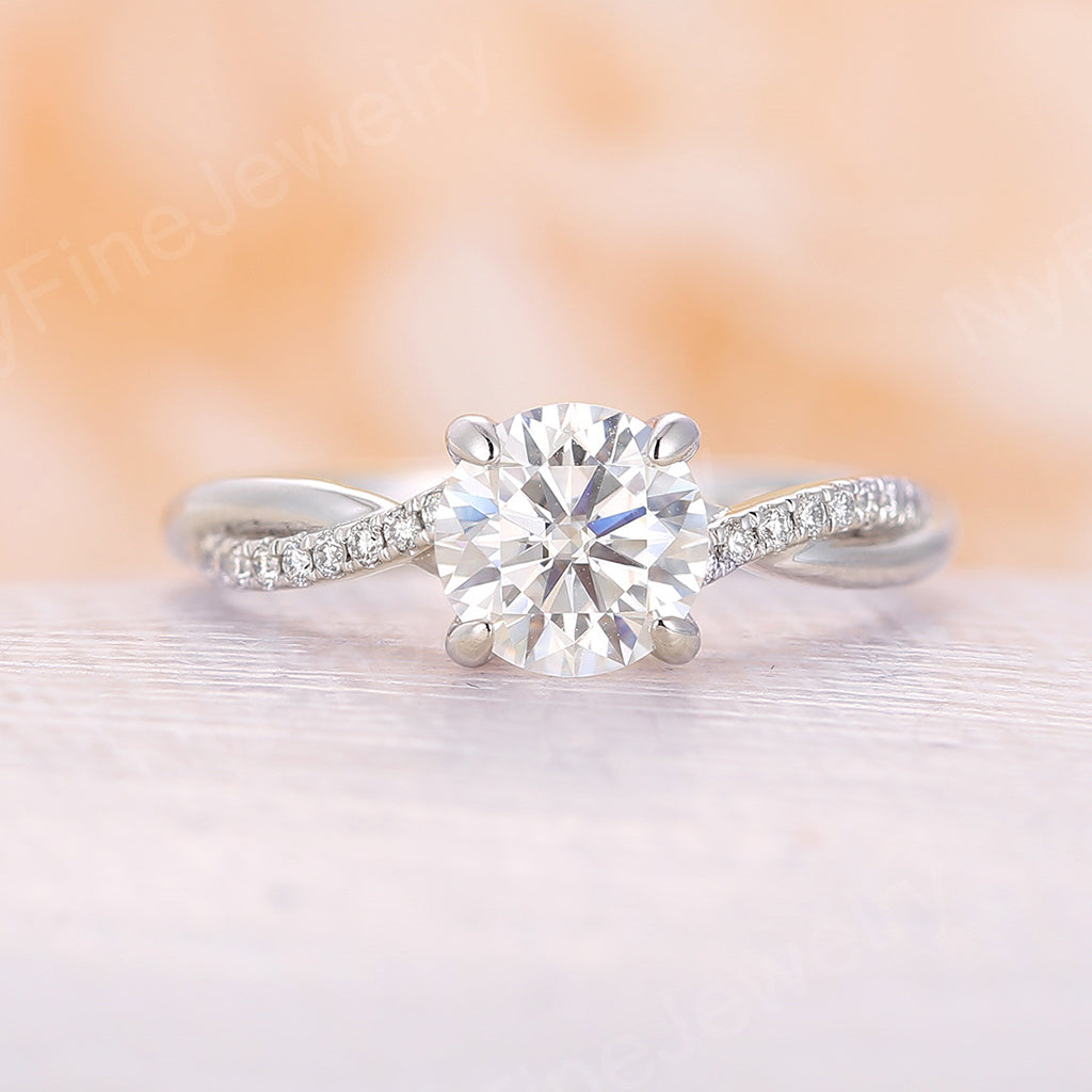 Vintage Round Moissanite White Gold Twist Engagement Ring