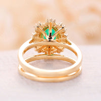 Art deco Oval Lab Emerald Bridal set Yellow Gold