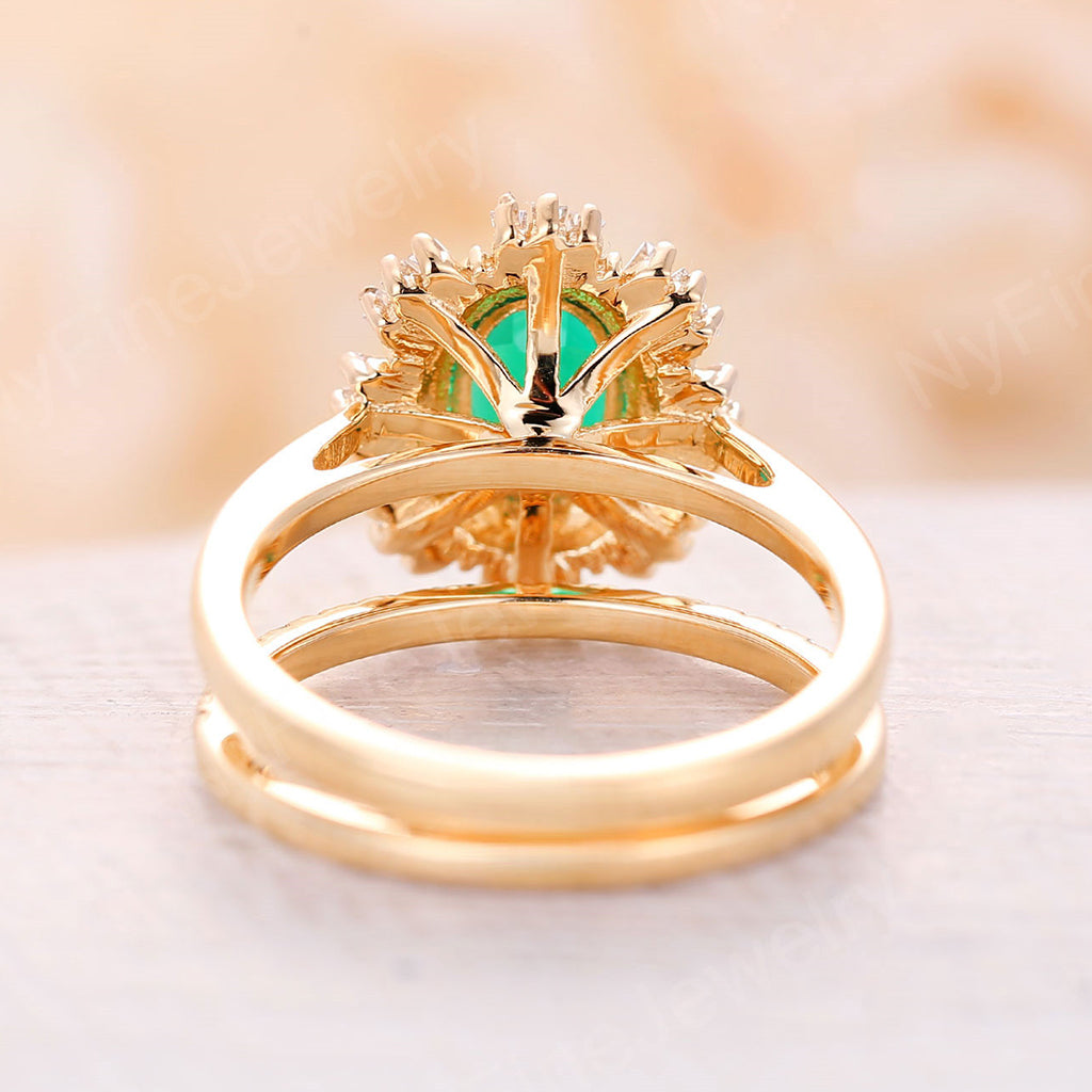 
                  
                    Vintage engagement ring set Oval cut Emerald ring rose gold diamond accent wedding Unique ring Anniversary Promise
                  
                