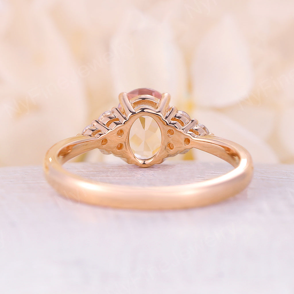 
                  
                    Morganite Engagement Ring Vintage yellow gold Engagement Ring pink peachy oval morganite cluster Unique Bridal wedding ring Anniversary ring
                  
                