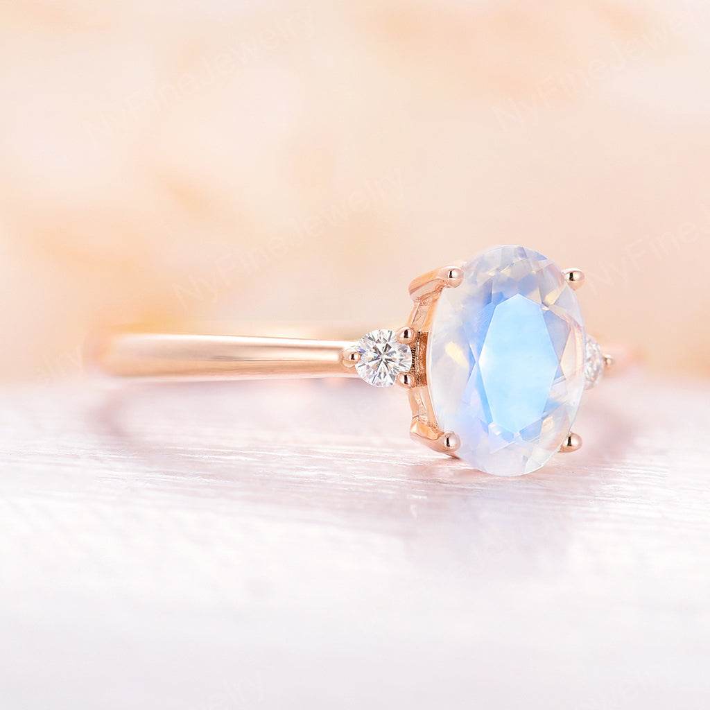 
                  
                    Moonstone Engagement Ring Rose gold Oval cut engagement ring Three stone Diamond wedding Cluster Bridal Promise
                  
                