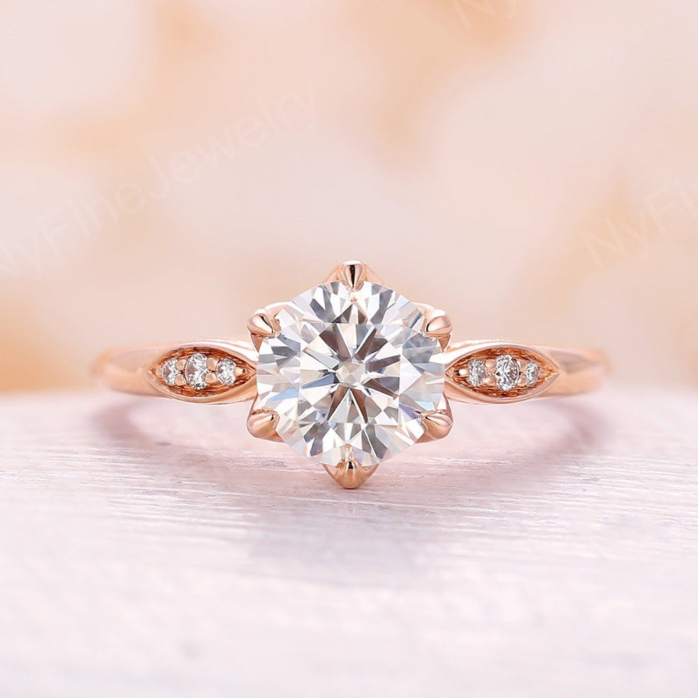 Round Moissanite Rose Gold Floral Engagement Ring