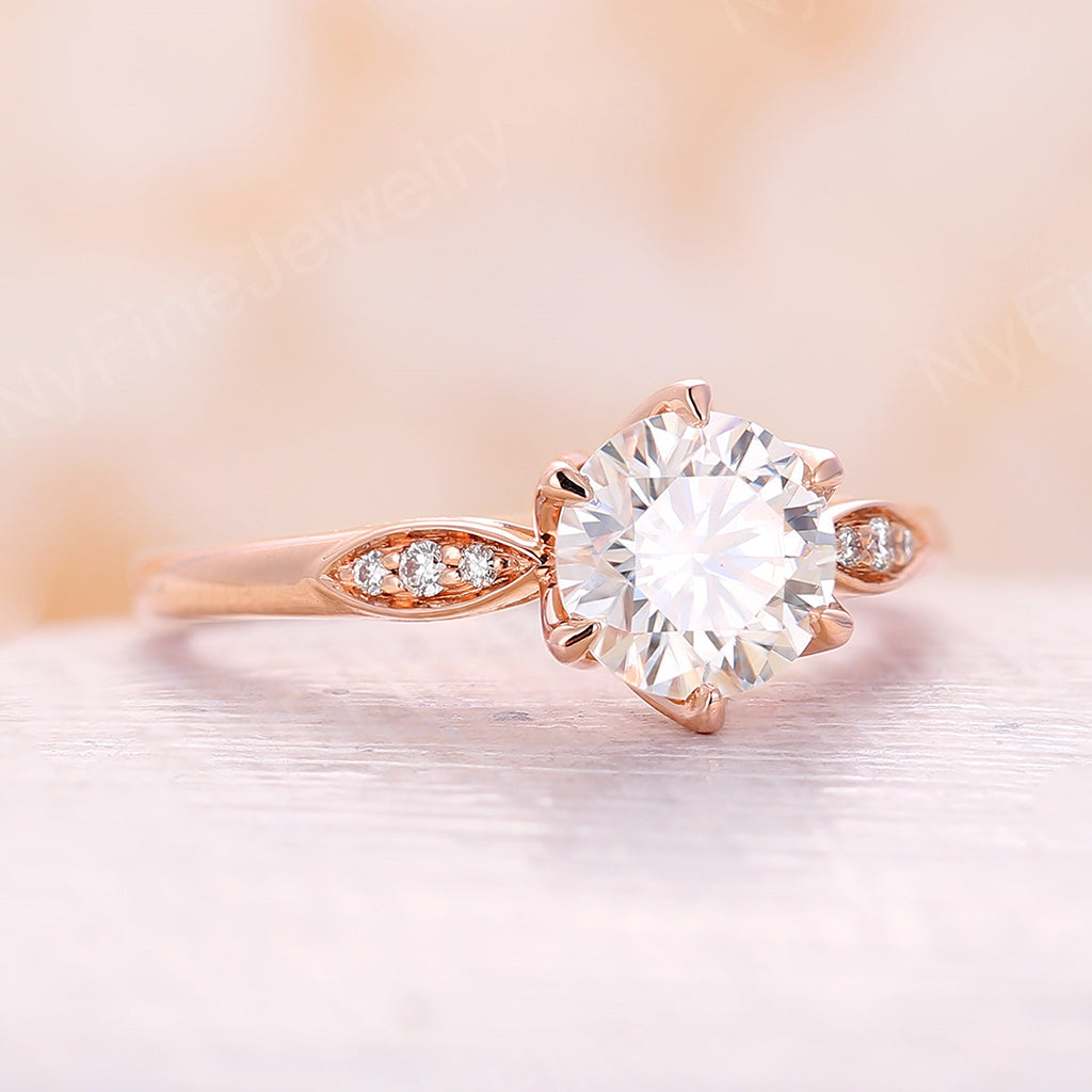 Round Moissanite Rose Gold Floral Engagement Ring