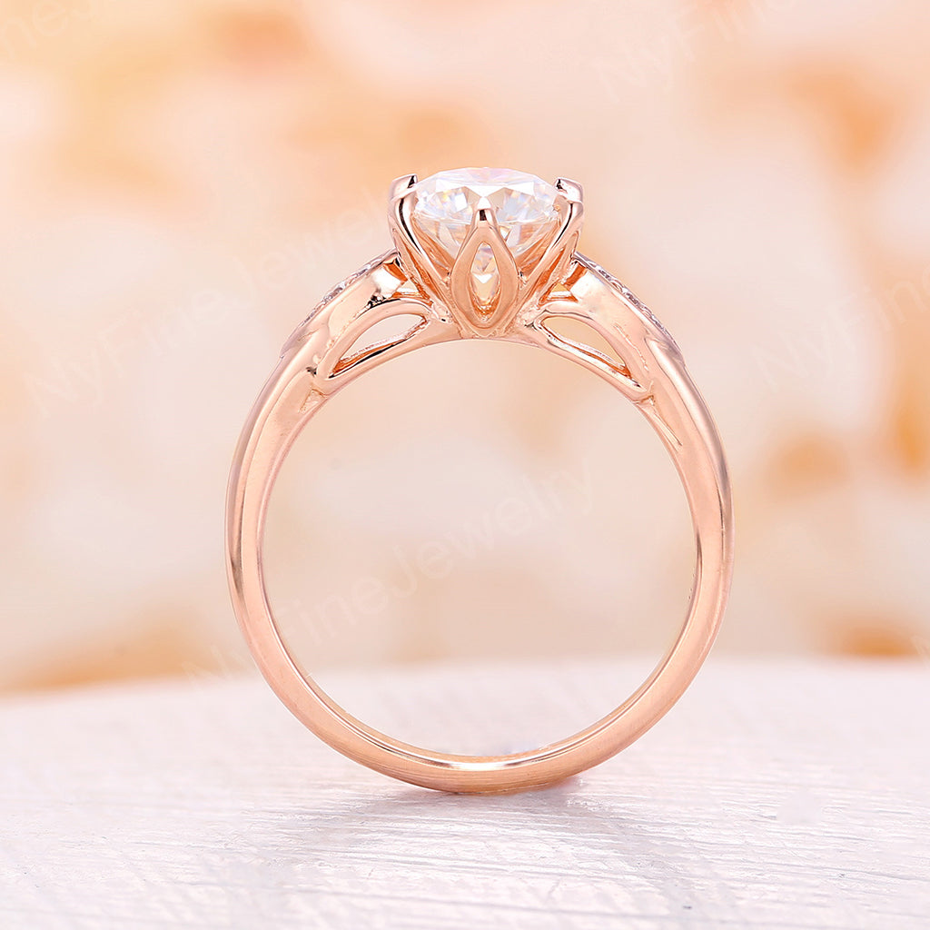 Round Moissanite Rose Gold Floral Engagement Ring