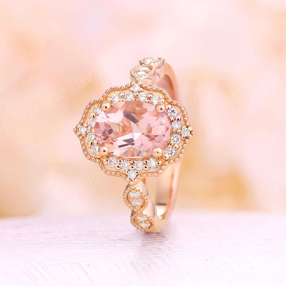 
                  
                    Pink morganite engagement ring Vintage engagement ring Antique rose gold wedding ring stacking art deco Women rings Bridal Anniversary
                  
                