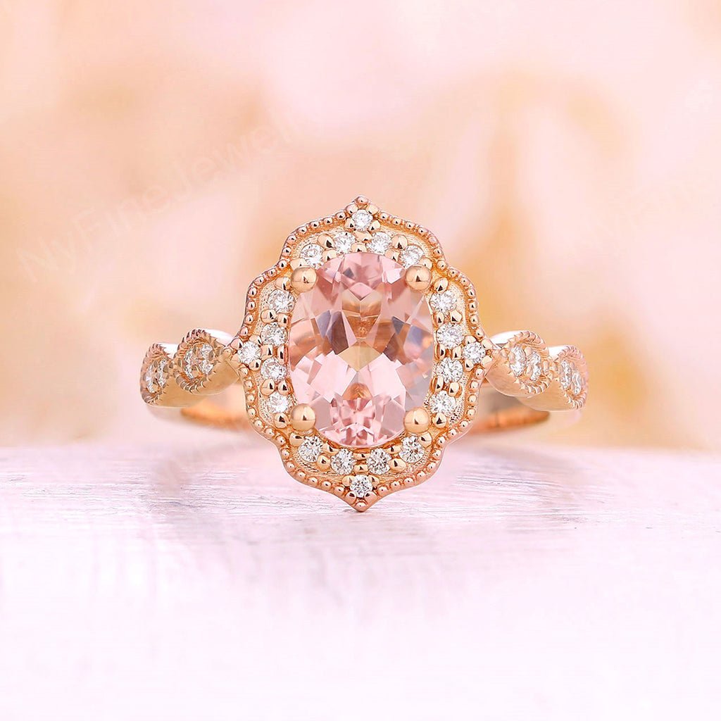 Oval Pink Morganite Halo Milgrain Engagement Ring Rose Gold