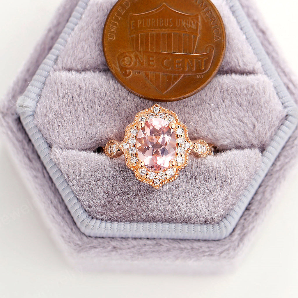 Oval Pink Morganite Halo Milgrain Engagement Ring Rose Gold