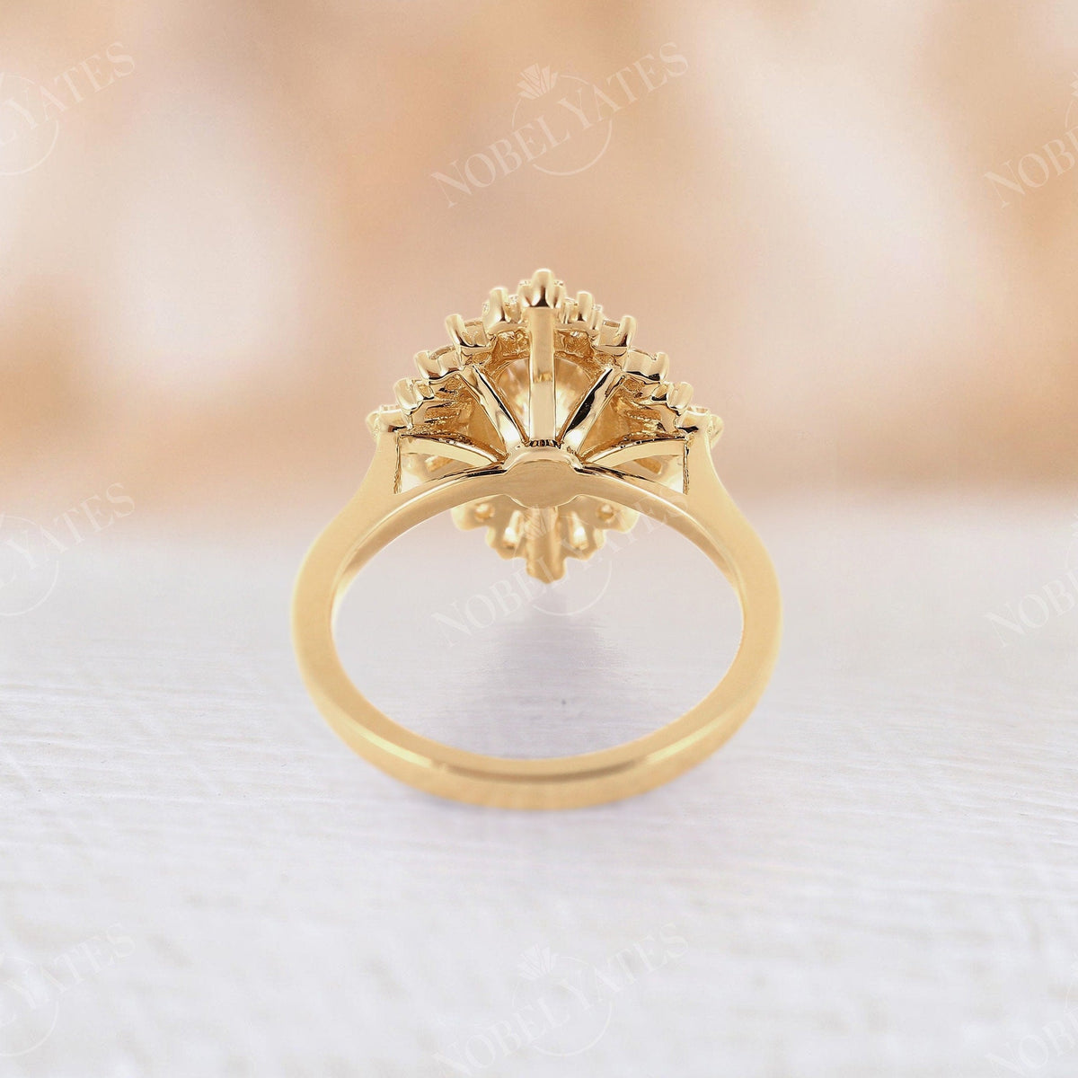 Art deco Oval Moissanite Starburst Halo Engagement Ring Yellow Gold