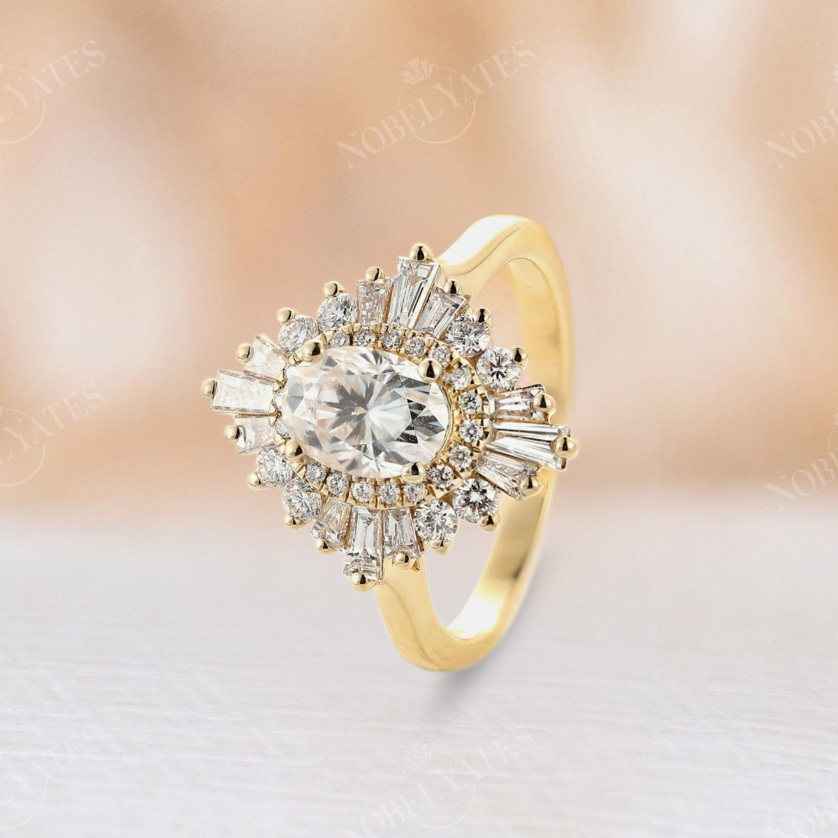 Art deco Oval Moissanite Halo Engagement Ring Yellow Gold