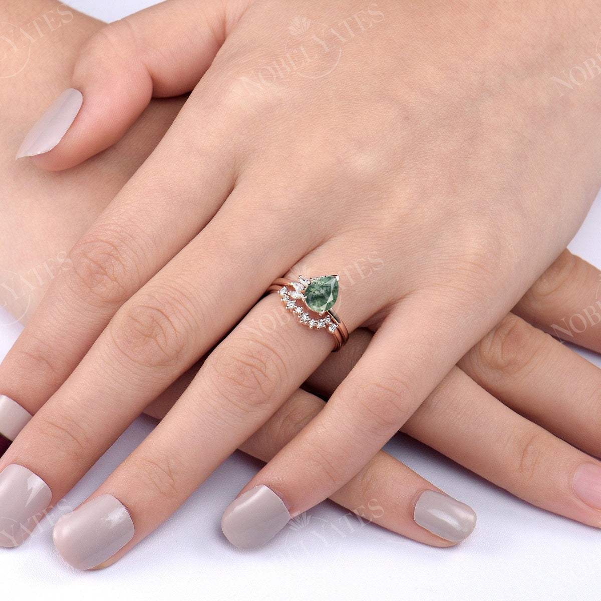 Pear Moss Agate Cluster Diamond Bridal set Rose Gold