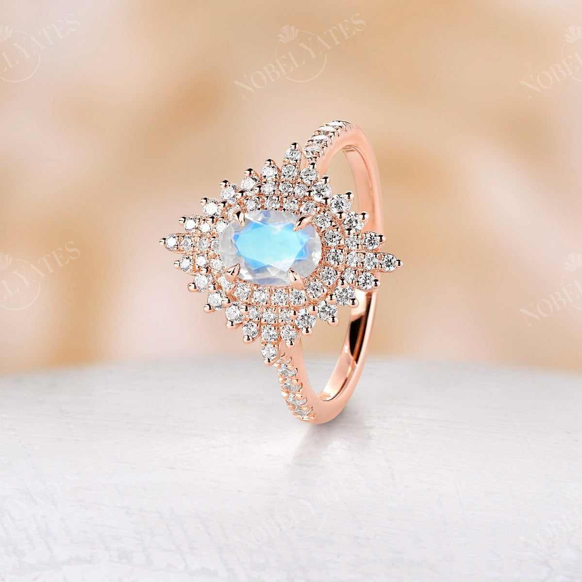 Vintage Oval Moonstone Double Halo Engagement Ring Rose Gold
