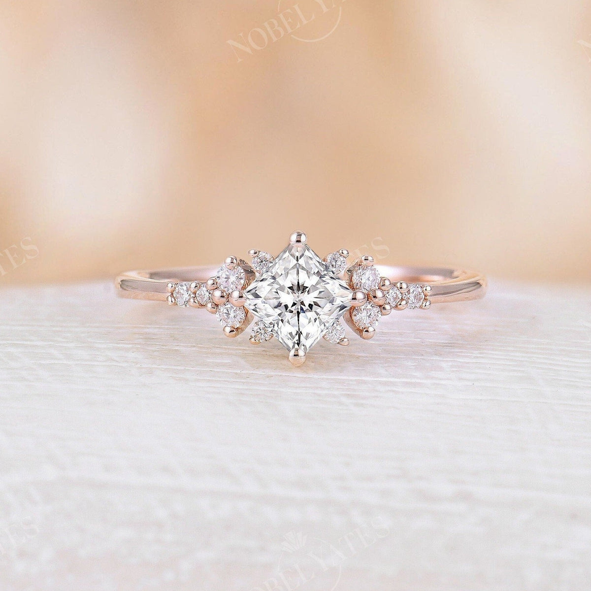 Princess cut Moissanite Cluster Diamond Engagement Ring Rose Gold